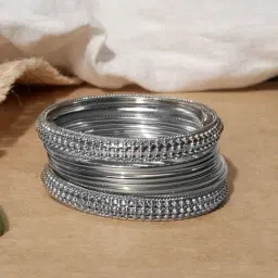 Fida Silver-toned Oxidised Bangle for Women - Set of 8-image-3