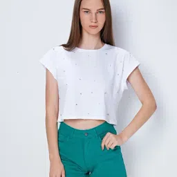 Cover Story White Embellished Crop T-Shirt-image-36