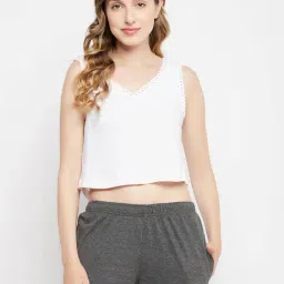 Clovia White Cotton Self Design Crop Top-image-35