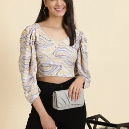 SHOWOFF V-Neck Print Crepe Crop Top-image-0