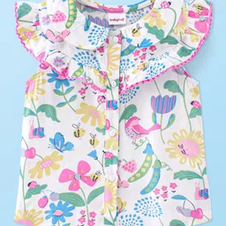 Babyhug Front Open Rayon Woven Sleeveless Top with Floral Print & Frill Detailing- White-image-96