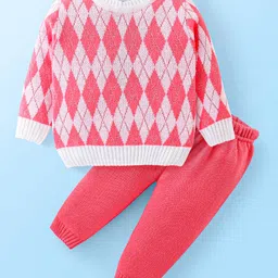Babyhug Knit Full Sleeves Sweater Set With Argyle Design - Pink-picture-17
