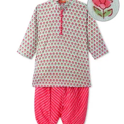 Exclusive from Jaipur Cotton Full Sleeves Floral Printed Kurta DhotiSet - Firozi & Red-picture-12