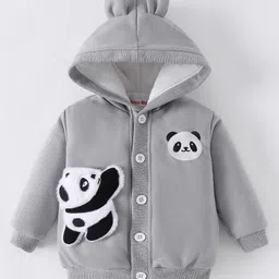 Kookie Kids Full Sleeves Hooded Sweatjacket With Panda Patch & 3D Applique - Light Grey-image-13