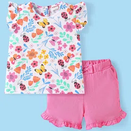 Babyhug Single Jersey Knit Frill Sleeves Top & Shorts Set With Floral Print & Bow Applique - White & Pink-picture-13