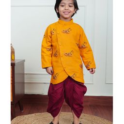 Polka Tots Cotton Full Sleeves Classical Instruments Embroidered Kurta Dhoti Set - Yellow-picture-32