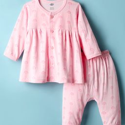 Zero Sinker Knit Full Sleeves Front Open Printed Co-Ords Night Suit - Pink-picture-4
