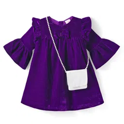 Babyhug Cotton Knit Full Bell Sleeves Solid Color Frock with Sling Bag & Bow Applique - Purple-picture-25