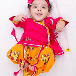 BownBee Cotton Woven Half Sleeves Elephant Printed Lace Embellished Kurti Dhoti Set With Bow Applique Detailed Headband - Pink image 1