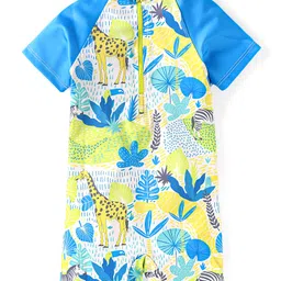 Babyhug Half Raglan Sleeves Water Repellent Legged Swimsuit with Jungle Theme Print - Blue image 2