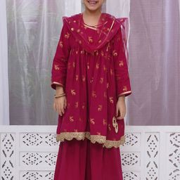 Little Bansi Girls Animal Printed Angrakha Pure Cotton A-line Kurta with Sharara & Dupatta-picture-4