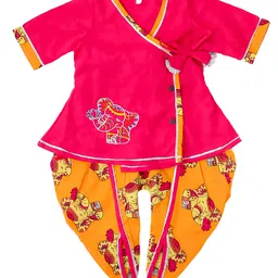 BownBee Cotton Woven Half Sleeves Elephant Printed Lace Embellished Kurti Dhoti Set With Bow Applique Detailed Headband - Pink image 4