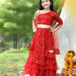 Cutiekins Net Woven Sleeveless Floral Embroidered & Sequins Embellished Lehenga Choli With Dupatta Set - Red & Gold image 5