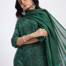 HERE&NOW Floral Printed Regular Pure Cotton Kurta with Trousers & With Dupatta-picture-27