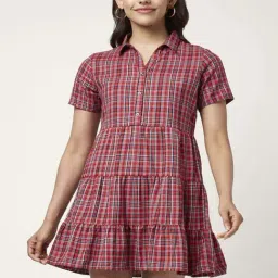 People by Pantaloons Red Cotton Chequered A-Line Dress-picture-21