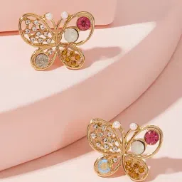 OOMPH Golden Tone Delicate Pink Crystal & Pearl Butterfly Small Stud Earrings for Women-image-45