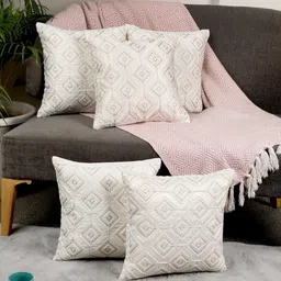 MONKDECOR Cream Set of 5 Embellished Satin Square Cushion Covers-image-0