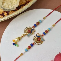 MEIRA JEWELLERY Stone-Studded & Beaded Peacock-Charm Bhaiya Bhabhi-picture-32