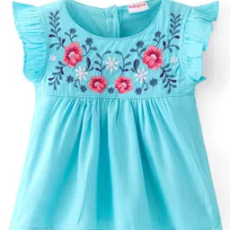 Babyhug Rayon Woven Frill Sleeves Top Floral Embroidery- Blue-picture-35