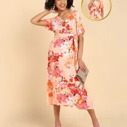 Zelena Half Sleeves Floral Printed Wrap Maternity Dress With Concealed Nursing Access - Peach-image-54