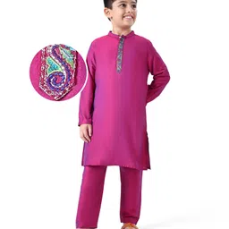 Earthy Touch Woven Full Sleeves Solid Kurta Pyjama Set with Embroidered Neck - Purple-picture-19