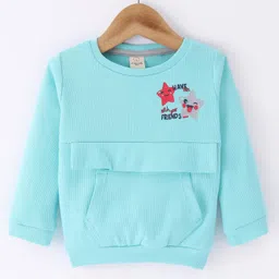 Olio Kids Cotton Knit Full Sleeves Winter T-Shirt with Kangaroo Pocket & Star Printed - Sea Green-picture-26