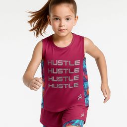 Pine Active Knit Sleeveless T-Shirt & Shorts Set with Hustle Text Print - Maroon-picture-22