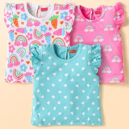 Babyhug Cotton Knit Frill Sleeves T-Shirts With Polka Dot & Tropical Print Pack 3 - Pink & Light Blue-picture-16