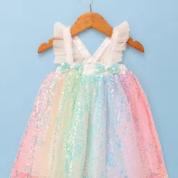 Babyhug Woven Frill Sleeves Mesh Party Dress with Sequin Detailing & Bow Applique - White-image-66