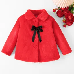 Mark & Mia Full Sleeves Fur Solid Winter Jacket With Bow Applique - Red-picture-28