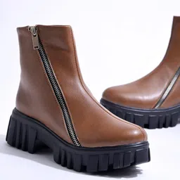 Shoetopia Solid Zipper Closure Boots - Tan image 1