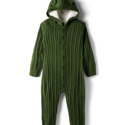Babyhug Knit Full Sleeves Winter Wear Solid Hooded Romper - Dark Green-picture-13