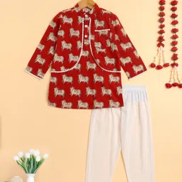 The Magic Wand Cotton Woven Full Sleeves Cow Printed Kurta With Attached Jacket & Pyjama Set - Red image 1