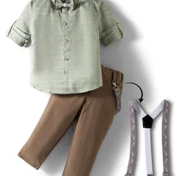 Rikidoos Full Sleeves Striped Shirt Pant With Suspender & Bow Set - Pista & Dark Fawn-picture-15