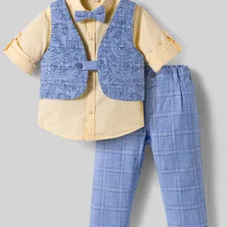 ToffyHouse Cotton Knit Full Sleeves Checkered & Floral Print 3 Piece Party Suit With Bow - Light Blue & Yellow-image-63