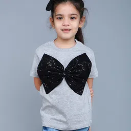 PinkChick Cotton Woven Half Puffed Sleeves Bow Applique Detailed Tee With Hair Clip - Grey-picture-12
