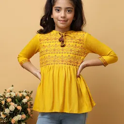 ISHTI Rayon Woven Three Fourth Sleeves Abstract Embroidered Top - Mustard-picture-17