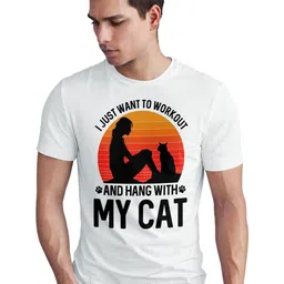 Seekbuylove Typography Workout Cat Printed Round Neck Bio Finish Pure Cotton T-shirt image 3