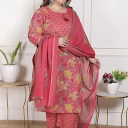 KALINI Plus Size Floral Printed Pure Cotton Straight Kurta & Trousers With Dupatta image 3