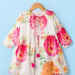 Babyhug Woven Layered Ethnic Dress with Three Fourth Sleeves Jacket & Flora Print - Off White image 4