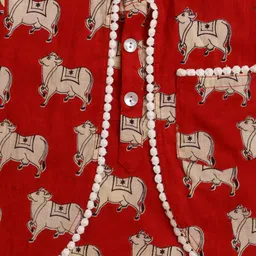 The Magic Wand Cotton Woven Full Sleeves Cow Printed Kurta With Attached Jacket & Pyjama Set - Red image 5