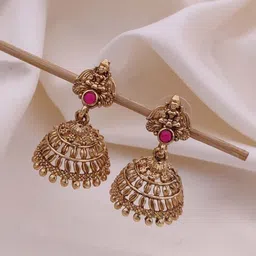 SOLIBELLE Gold Plated Artificial Stones Studded Dome Shaped Jhumkas image 3