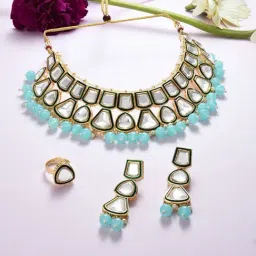 Zaveri Pearls Turquoise Blue Beaded Kundan Choker Necklace Earring & Ring Set-ZPFK16364-picture-23