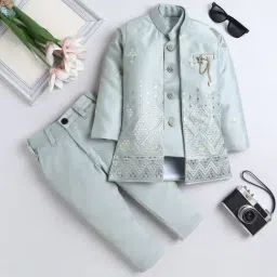 Fourfolds Boys Grey Regular Fit Embroidered Indowestern Set-picture-31