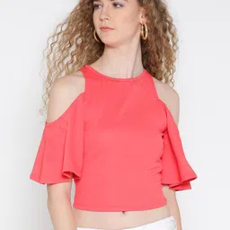 Veni Vidi Vici Women Coral Pink Solid Fitted Crop Top-picture-22