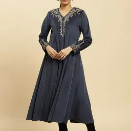 W Navy Velvet Embroidered Fit & Flare Kurta-image-41