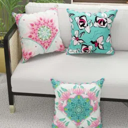 Bianca Suzane Coral & Teal Micro Fiber Reversible Printed Cushion Covers - Set of 3-image-12