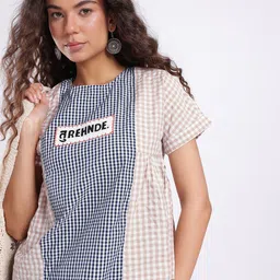 fusion by glitchez Checked Extended Sleeves Embroidered & Gathered Detail Top-picture-32