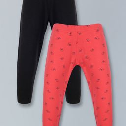 Plum Tree Pack Of 2 Solid & Lady Bug Printed Leggings - Black Coral Pink-picture-42