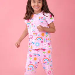 Babyhug Cotton Knit Half Sleeves Capri Night Suit With Floral Print - Pink-picture-14
